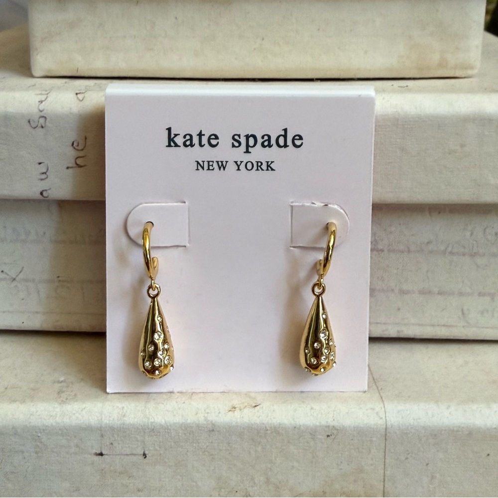 Kate Spade New York Rain Drop Collection Hoop Huggies Earrings Pave Gold CZ